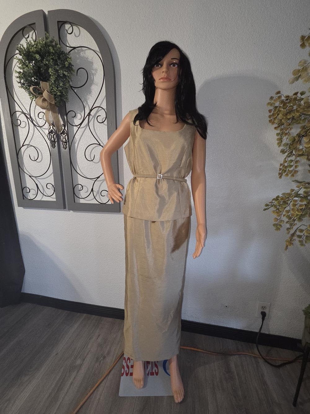 NWOT VTG David's Bridal Gold Satin Maxi Dress with Belted Waist. Size 12